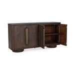 Buffet with two doors open revealing interior storage shelves inside the wood cabinet