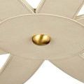 Close-up bottom view of chandelier focusing on leather texture and central brass fastener