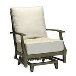 Outdoor lounge chair with aluminum frame, thick cream cushions, flat armrests, and a spring base