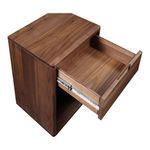 Osamu nightstand with drawer fully extended, revealing walnut interior and metal drawer slides