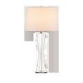 Duveen Table Lamp with clear optic crystal hourglass base and polished brass octagonal ring, topped by a white drum shade