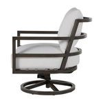 Side angle of outdoor swivel rocker showing frame and cushion profile