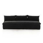Front view of sofa with three large pillows, plush deep cushions, and low-profile frame
