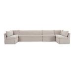 U-shaped slipcover dining banquette in neutral beige with tilted back, pillow cushions, and inverted pleat skirt