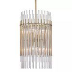 Wallis 8 Light Pendant with staggered clear glass and warm metal rods in a layered drum shape