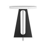 Front view of table highlighting open elliptical cutout in hammered iron pedestal base