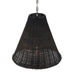 Bell-shaped pendant lit from inside, casting light shadows through woven rattan shade
