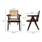 Technical dimensions overlay on front and side views of black frame Takashi chair