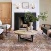 Wider view of Jules rug in living room showing wood cabinets, black seating, and plants by fireplace