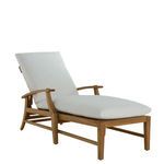 Croquet teak chaise with white cushions covering seat and back, angled upright back position.