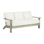 Ashland Teak Sofa with light gray teak frame and white cushioned seat and back, seating three