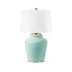 Full view of the table lamp with white fabric drum shade on white background