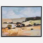 Abstract desertscape painting in powder blue, sand, and sage colors with a black solid wood gallery frame