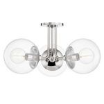 Meadow 3 Light Semi Flush ceiling fixture with three clear glass globes and polished chrome steel frame