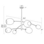 Line drawing schematic with dimensions of Artemis Champagne Glass Chandelier, height adjustable from 27.5 to 63.5 inches