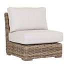 Havana Armless Club chair in all-weather Aged Tobacco wicker with thick cream cushions, no arms, low square profile