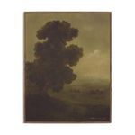 Muted green and brown landscape painting with a large tree and soft clouds, framed in rustic walnut