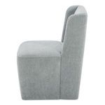 Side view highlighting chair’s slim profile and gently rounded back with light gray upholstery