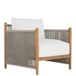 Slightly angled front view of Pacifica Natural Teak Lounge showcasing thick white cushions and woven rope arm panels