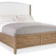 Vineyard Row California King bed with Pecky Hickory wood frame and white Zin fabric upholstered headboard