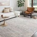 Lucia rug styled in living room with white sofa, leather chair, and plant near large window on dark wood floor
