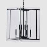 Lena 9-Light chandelier with black iron frame and clear acrylic panels enclosing eight candle-style bulbs