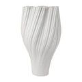 Front view of the tall white vase highlighting smooth twisted ribs and narrow base