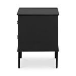 Side profile of black nightstand showing smooth flat side panel