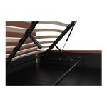 Hydraulic lift mechanism attached to wooden slat frame and storage base interior