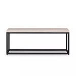 Front view of Maximus Bench showing full length of stone top and open rectangular black metal base