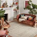 Malik Ivory / Stone Rug styled in a bohemian living room with wooden furniture and decorative pillows