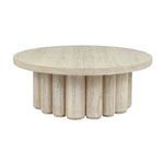 Straight-on wide view showing full round tabletop and multiple fluted base columns in reclaimed oak