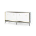 Cameron 4-Door Cabinet with white doors, gold trim, and gray wood frame on tapered legs