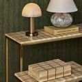 Close-up showing textured surface and natural pores of travertine stone contrasted with brass inlay