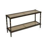 Conner Cane Console table in black with gold bamboo-inspired detailing and natural caned shelves, two-tier design