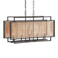 Rectangular chandelier hanging with illuminated bulbs visible behind woven rattan panels