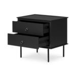 Reagan nightstand with both drawers pulled open, revealing interior storage space