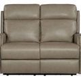 Loveseat front view highlighting nailhead trim along arms and smooth leather surface