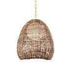 Pendant light with a large translucent opal glass shade wrapped in a natural woven abaca exterior and vintage gold leaf chain