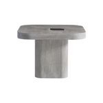 Front view highlighting thickness of rounded wood top and cylindrical base