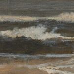 Zoomed-in view highlighting wet brush strokes of foamy ocean waves on canvas texture
