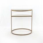 Back view of nightstand revealing clean lines of marble shelves and bronze circular base