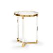 Moravian Side Table with clear acrylic legs, clear tempered glass top, and polished brass iron edging and base