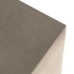 angled top view focusing on muted grey stained veneer and subtle wood grain