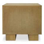 Back view of the nightstand highlighting flat wood panel and block feet