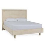 Reece Bed with classic lines, light mango wood finish, simple frame, neutral color with white mattress and pillows