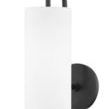 Freda 1 Light Wall Sconce with elongated white linen shade, curved black metal neck, and round black wall plate
