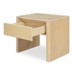 Side angle view showing drawer open with light ash interior and wood grain on base