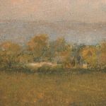 Close-up detail of distant fall tree line and horizon with soft brushstrokes and textured canvas