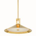 Clermont Pendant close-up with focused lighting accentuating brass shade's glossy finish and alabaster diffuser